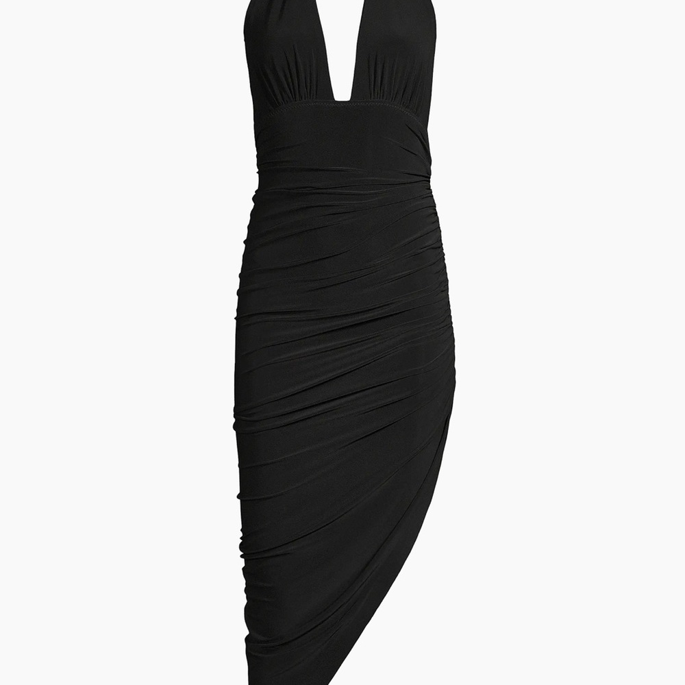 Women’s size small Norma Kamali black knit asymmetrical backless halter dress
